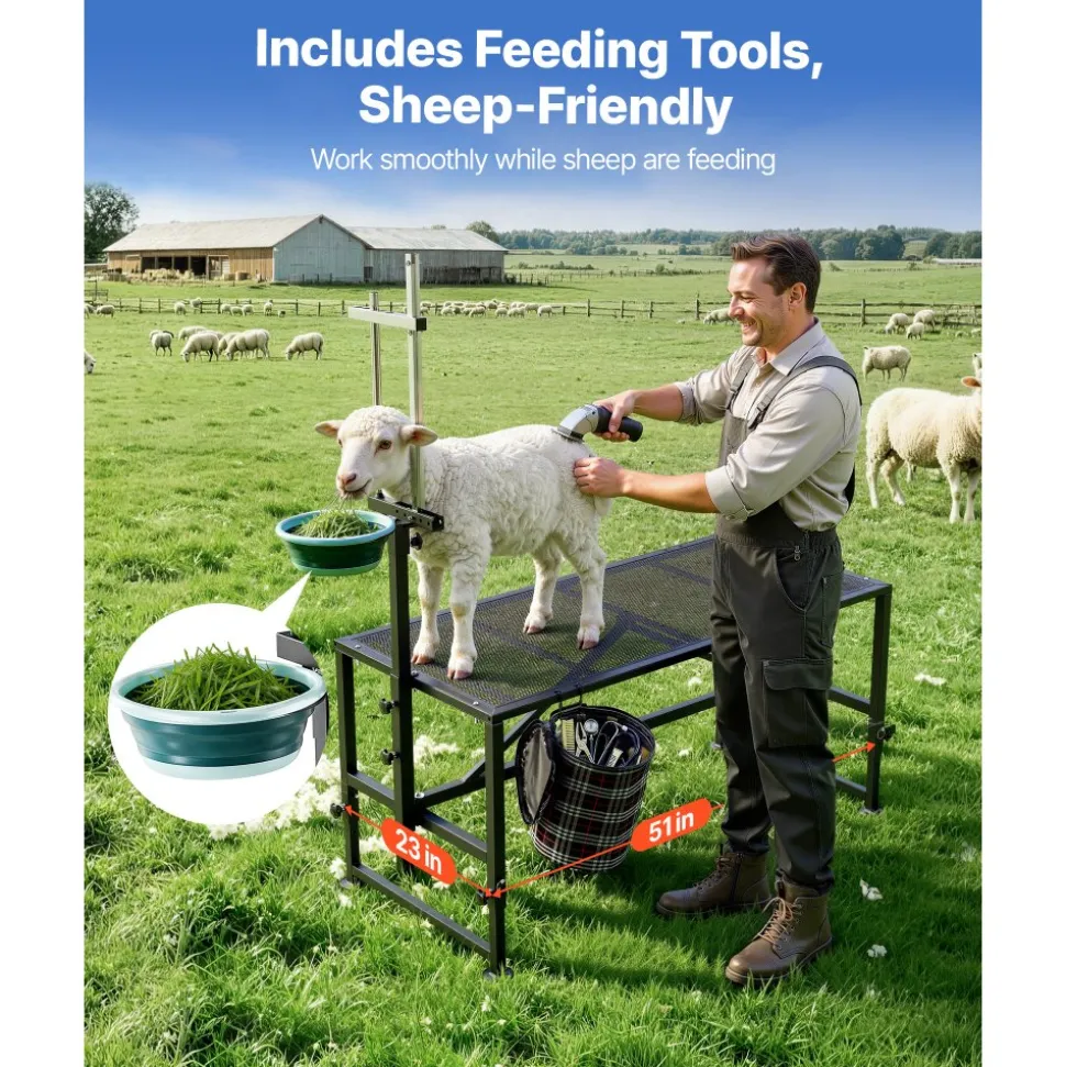VEVOR Goat Milking Stand, 600 lbs Heavy Duty Goat Stand with Feed Bin, Adjustable Headpiece & Tool Basket, Stanchion for Grooming & Hoof Trimming, Metal Livestock Platform for Sheep, 51" x 23", Black