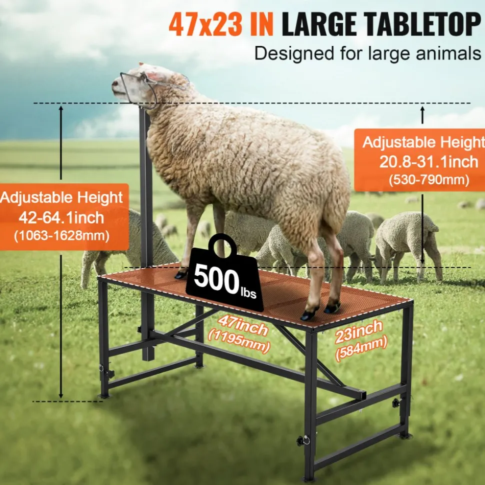 VEVOR Goat & Sheep Stand, 47x23 inch Livestock Stand, Metal Livestock Milking and Shearing Stand 21" to 33" Adjustable Height, with Headpiece and Nose Loop, 500lbs Loading Weight, Black