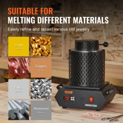 VEVOR Gold Melting Furnace, 1350W, 2102 ℉ Max Temperature, Digital Electric Melting Furnace with 1 kg and 3 kg Ceramic Crucibles, Crucible Tongs, and Gloves, for Gold, Silver, Aluminum, Copper