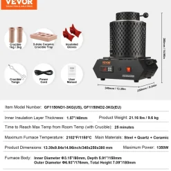 VEVOR Gold Melting Furnace, 1350W, 2102 ℉ Max Temperature, Digital Electric Melting Furnace with 1 kg and 3 kg Ceramic Crucibles, Crucible Tongs, and Gloves, for Gold, Silver, Aluminum, Copper