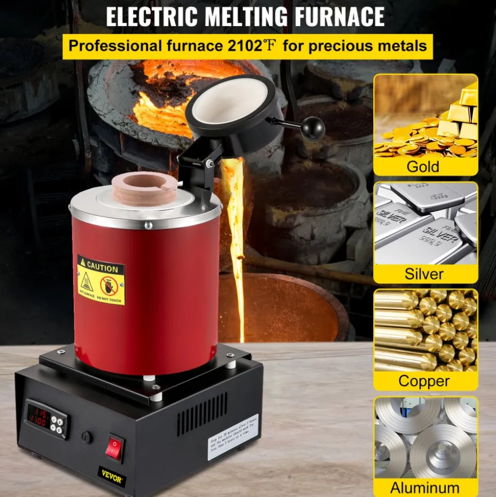 VEVOR Gold Melting Furnace, 1350W, 2102 ℉ Max Temperature, 3 kg Digital Electric Melting Furnace, with 1 kg and 3 kg Ceramic Crucible and Ingot Die for Processing of Gold, Silver, Aluminum, Copper