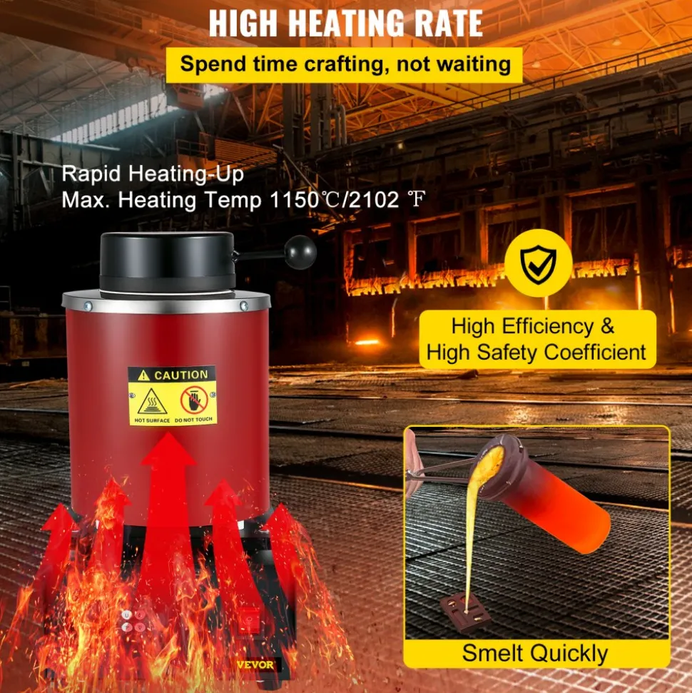 VEVOR Gold Melting Furnace, 1350W, 2102 ℉ Max Temperature, 3 kg Digital Electric Melting Furnace, with 1 kg and 3 kg Ceramic Crucible and Ingot Die for Processing of Gold, Silver, Aluminum, Copper