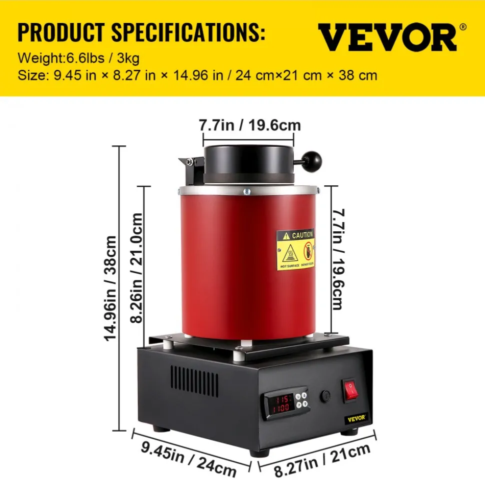 VEVOR Gold Melting Furnace, 1350W, 2102 ℉ Max Temperature, 3 kg Digital Electric Melting Furnace, with 1 kg and 3 kg Ceramic Crucible and Ingot Die for Processing of Gold, Silver, Aluminum, Copper
