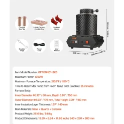 VEVOR Gold Melting Furnace, 1350W, 2102 ℉, PID Digital Electric Melting Furnace with 1 kg and 3 kg Ceramic Crucibles, Insulated Gloves, Crucible Tongs and Tray, for Gold, Silver, Aluminum, Copper