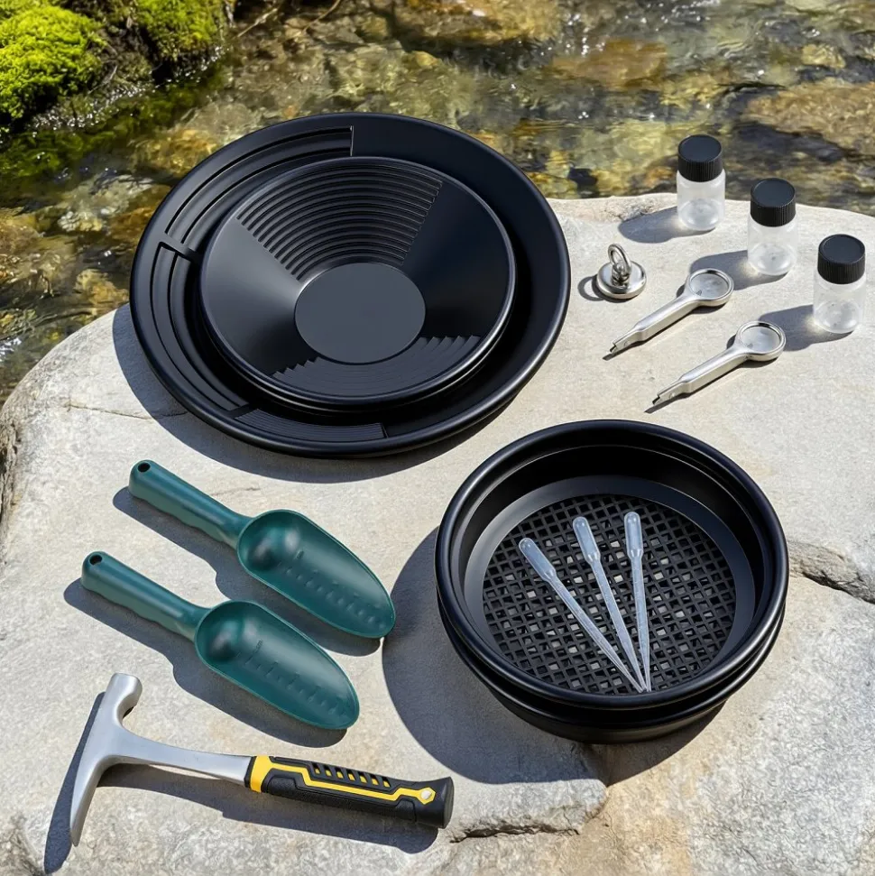 VEVOR Gold Panning Kit, 10 in and 14 in Pans, 19 PCS Portable Prospecting Equipment Kit with Classifier Sieves, Sand Magnet, Rock Pick, Scoops, Backpack, and Accessories, for Outdoor Gold Recovery