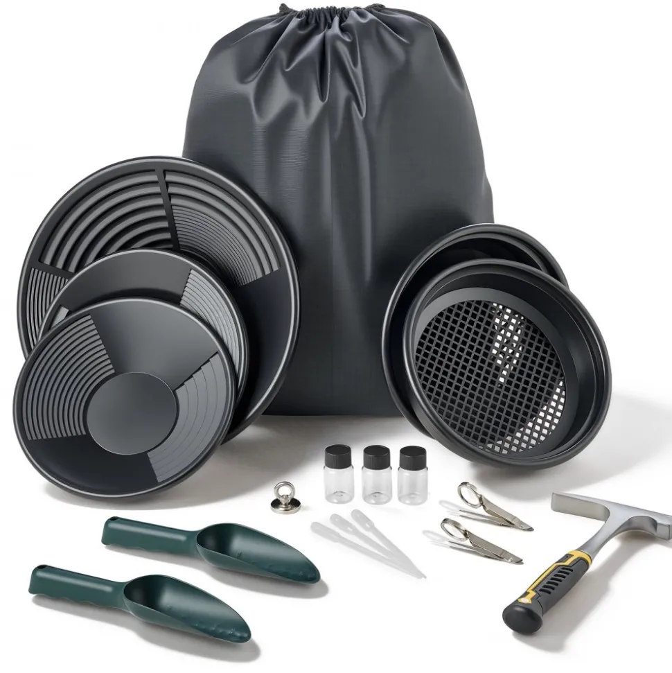 VEVOR Gold Panning Kit, 10 in and 14 in Pans, 19 PCS Portable Prospecting Equipment Kit with Classifier Sieves, Sand Magnet, Rock Pick, Scoops, Backpack, and Accessories, for Outdoor Gold Recovery
