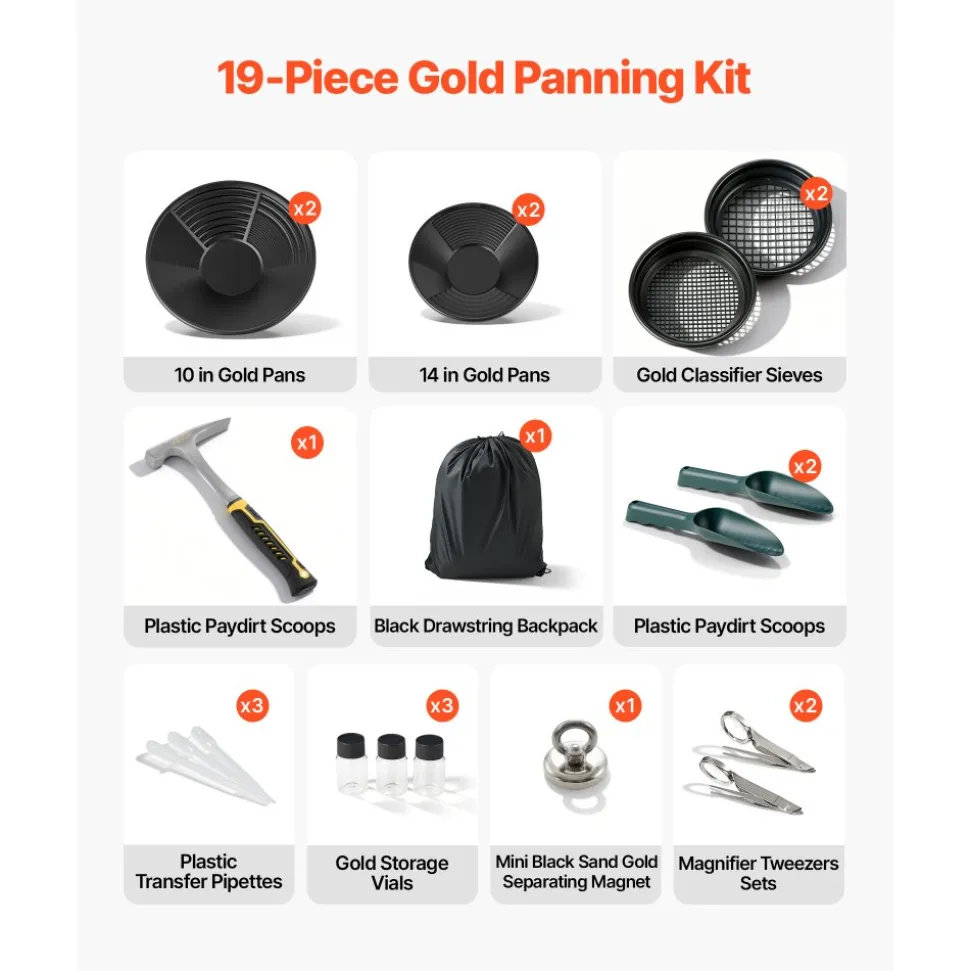 VEVOR Gold Panning Kit, 10 in and 14 in Pans, 19 PCS Portable Prospecting Equipment Kit with Classifier Sieves, Sand Magnet, Rock Pick, Scoops, Backpack, and Accessories, for Outdoor Gold Recovery