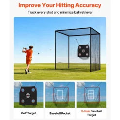 VEVOR Golf Batting Cage, 10 x 10 x 10 FT Golf Cage, Driving Hitting Cages with 3-Ply Knotless Polyester, Golfs Target & 9-Hole Baseball Target, Golfs Hitting Net for Indoor, Outdoor, Backyard