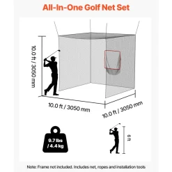 VEVOR Golf Batting Cage, 10 x 10 x 10 FT Golf Cage, Driving Hitting Cages with 3-Ply Knotless Polyester, Golfs Target & 9-Hole Baseball Target, Golfs Hitting Net for Indoor, Outdoor, Backyard
