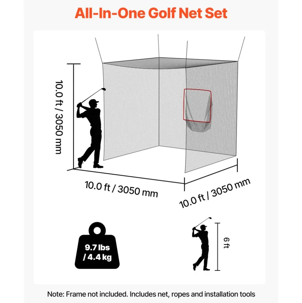 VEVOR Golf Batting Cage, 10 x 10 x 10 FT Golf Cage, Driving Hitting Cages with 3-Ply Knotless Polyester, Golfs Target & 9-Hole Baseball Target, Golfs Hitting Net for Indoor, Outdoor, Backyard