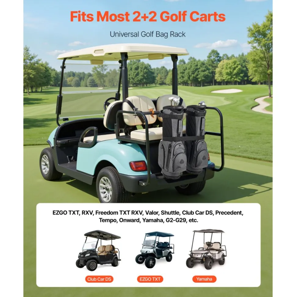VEVOR Golf Cart Bag Holder, 53.9 x 7.7 x 2.4 Inch, Compatible with Most 2+2 Golf Cart Rear Seat with 1.2-Inch Square Tubes, Adjustable Rear Seat Carts Club Holder with Strap, No Drilling Required