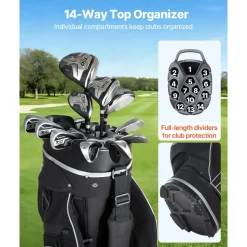 VEVOR Golf Cart Bag, 14 Way Top Divider Organizer, Golf Club Bag with Full-length Divider, Storage Pockets, Shoulder Strap, Rain Hood, Smooth Zippers, High-Strength 900D Polyester for Men & Women