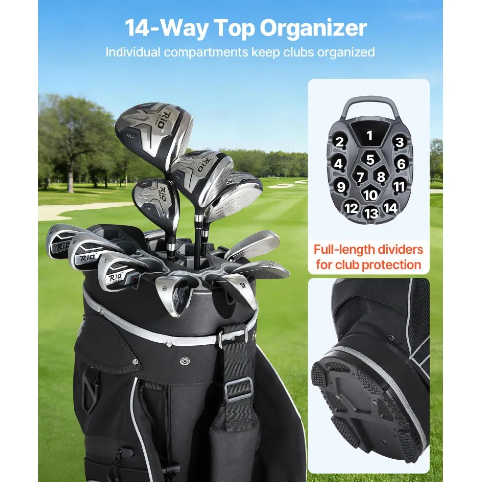 VEVOR Golf Cart Bag, 14 Way Top Divider Organizer, Golf Club Bag with Full-length Divider, Storage Pockets, Shoulder Strap, Rain Hood, Smooth Zippers, High-Strength 900D Polyester for Men & Women
