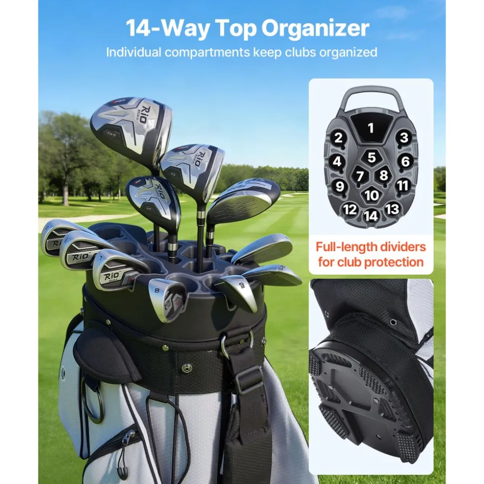 VEVOR Golf Cart Bag, 14 Way Top Divider Organizer, Golf Club Bag with Full-length Divider, Handles, Storage Pockets, Shoulder Strap, Rain Hood, Smooth Zippers, Lightweight Polyester for Men & Women