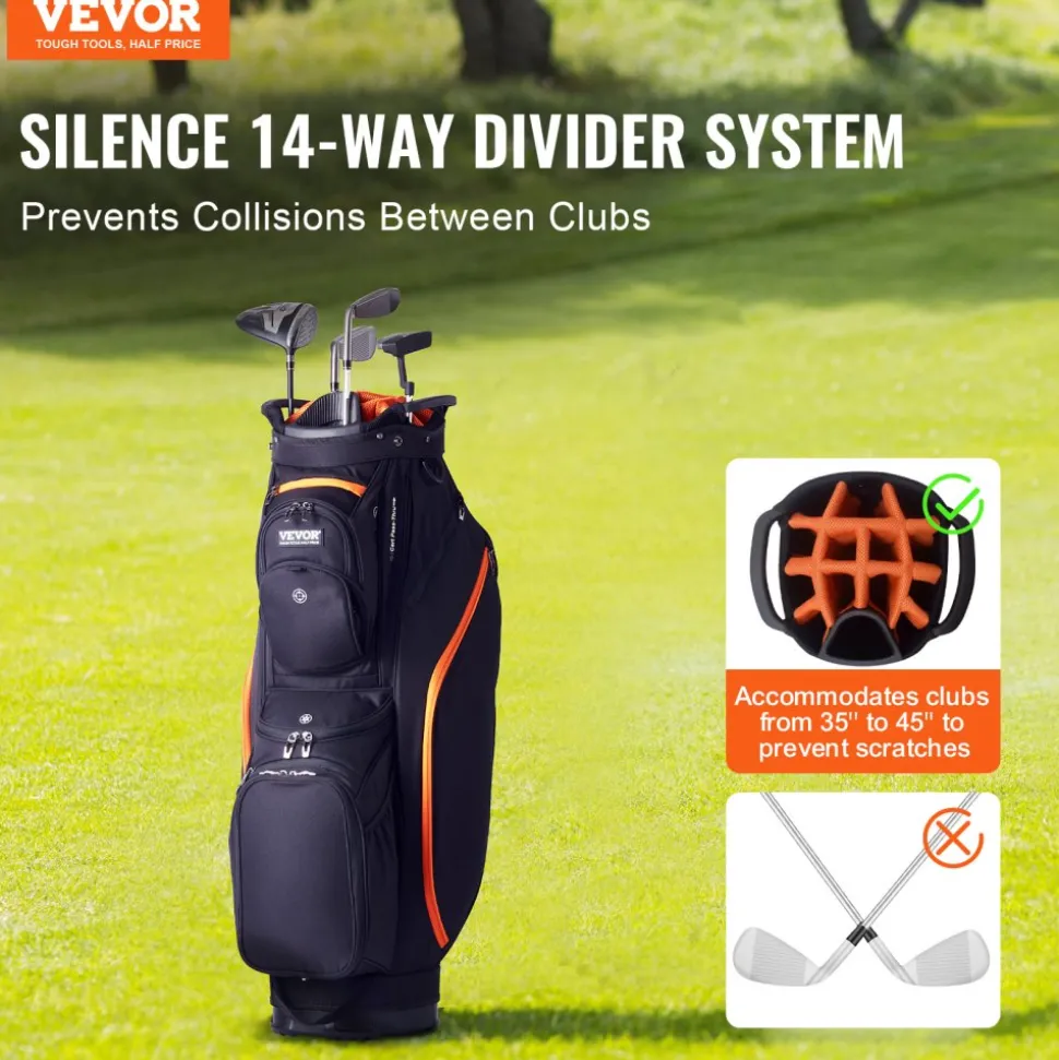 VEVOR Golf Cart Bag with 14 Way Organizer Divider Top, 36” 13 Pockets Premium Cart Bag, Durable Golf Bags with Handles & Dust Cover & Detachable Straps for Men & Women, Black & Orange