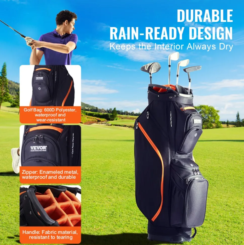 VEVOR Golf Cart Bag with 14 Way Organizer Divider Top, 36” 13 Pockets Premium Cart Bag, Durable Golf Bags with Handles & Dust Cover & Detachable Straps for Men & Women, Black & Orange