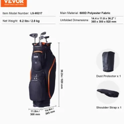 VEVOR Golf Cart Bag with 14 Way Organizer Divider Top, 36” 13 Pockets Premium Cart Bag, Durable Golf Bags with Handles & Dust Cover & Detachable Straps for Men & Women, Black & Orange