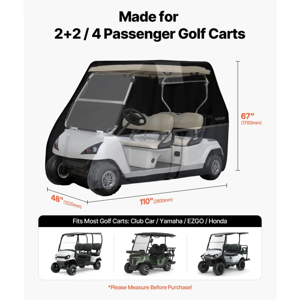 VEVOR Golf Cart Cover, Full Coverage 2+2/4 Passenger Golf Cart, 420D Waterproof Oxford Fabric Club Car Cover Fits Most Carts Club Car, Yamaha, EZGO, Honda, Silver-Coated Layer & Three Zipper Doors