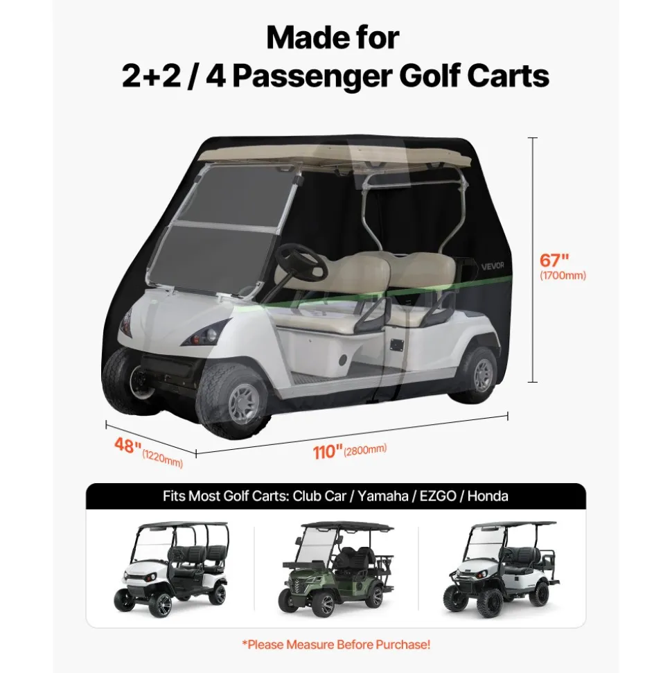 VEVOR Golf Cart Cover, Full Coverage 2+2/4 Passenger Golf Cart, 600D Waterproof Oxford Fabric Club Car Cover Fits Most Carts Club Car, Yamaha, EZGO, Honda, PU Coating & Three Zipper Doors