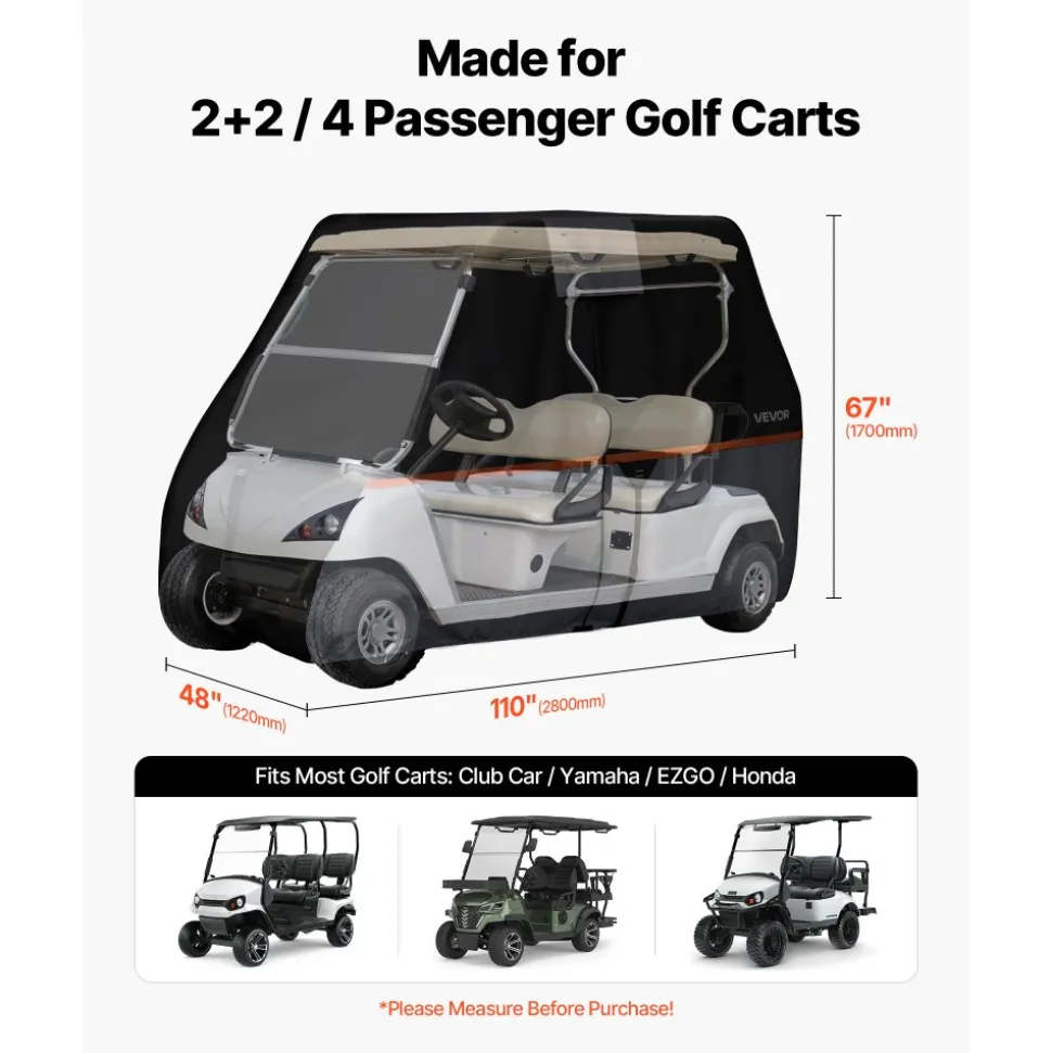 VEVOR Golf Cart Cover, Full Coverage 2+2/4 Passenger Golf Cart, 420D Waterproof Oxford Fabric Club Car Cover Fits Most Carts Club Car, Yamaha, EZGO, Honda, Silver-Coated Layer & Three Zipper Doors