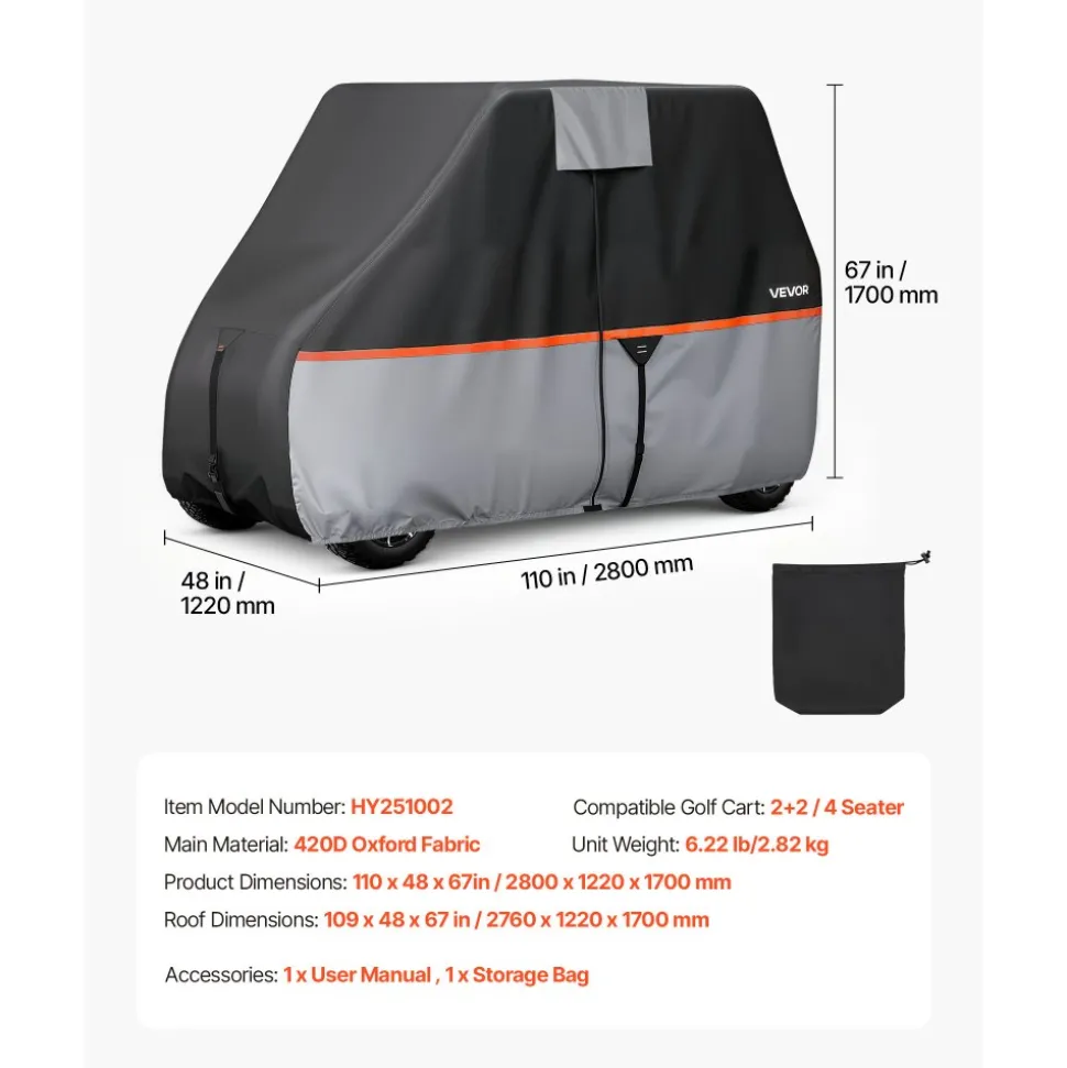 VEVOR Golf Cart Cover, Full Coverage 2+2/4 Passenger Golf Cart, 420D Waterproof Oxford Fabric Club Car Cover Fits Most Carts Club Car, Yamaha, EZGO, Honda, Silver-Coated Layer & Three Zipper Doors