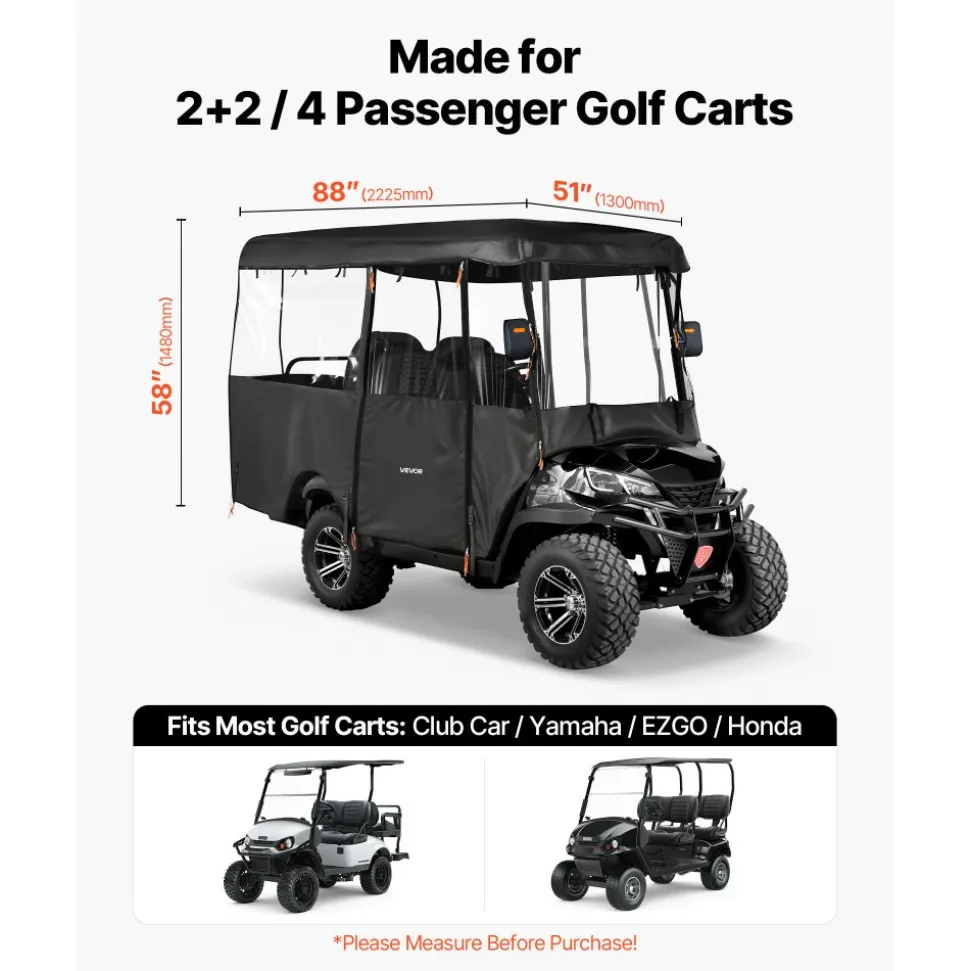 VEVOR Golf Cart Cover, Visible Full-Enclosure 2+2/4 Passenger Golf Cart, 420D Waterproof Oxford Fabric Club Car Cover Fits Most Carts Club Car, Yamaha, EZGO, Honda, PVC Coating & Windproof Hook Design
