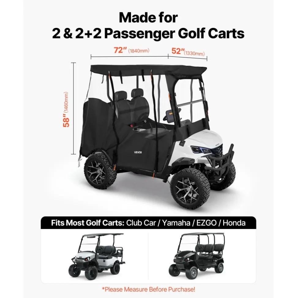 VEVOR Golf Cart Cover, Visible Full-Enclosure 2&2+2 Passenger Golf Cart, 600D Waterproof Oxford Fabric Club Car Cover Fits Most Carts Club Car, Yamaha, EZGO, Honda, PVC Coating & Windproof Hook Design