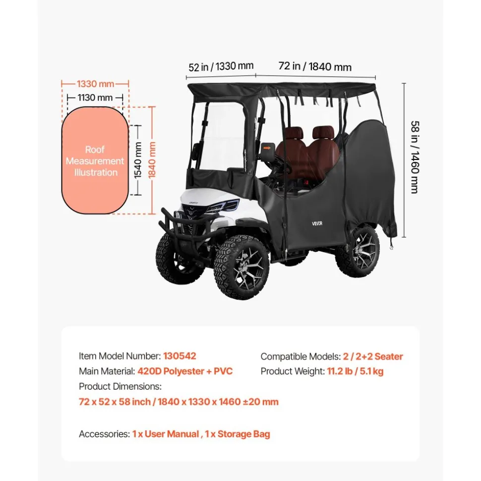 VEVOR Golf Cart Cover, Visible Full-Enclosure 2+2/4 Passenger Golf Cart, 600D Waterproof Oxford Fabric Club Car Cover Fits Most Carts Club Car, Yamaha, EZGO, Honda, PVC Coating & Windproof Hook Design