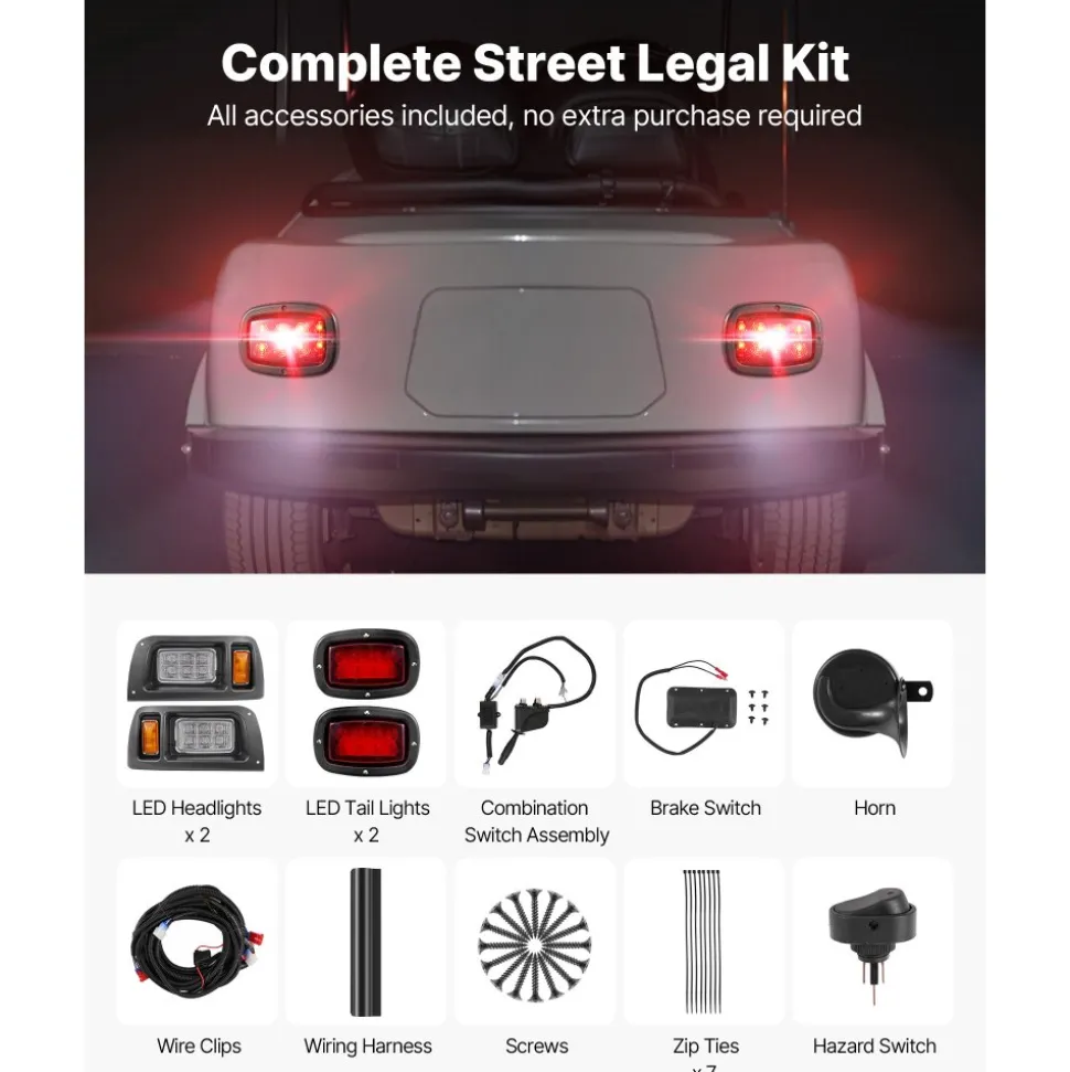 VEVOR Golf Cart Light Kit, 12 Volt, LED Headlight and Tail Light Kit with Wiring Harness, Switch, Zip Ties, ABS Housing, High-Brightness, Waterproof and Dustproof, Fit for EZGO TXT 1996-2013 Models
