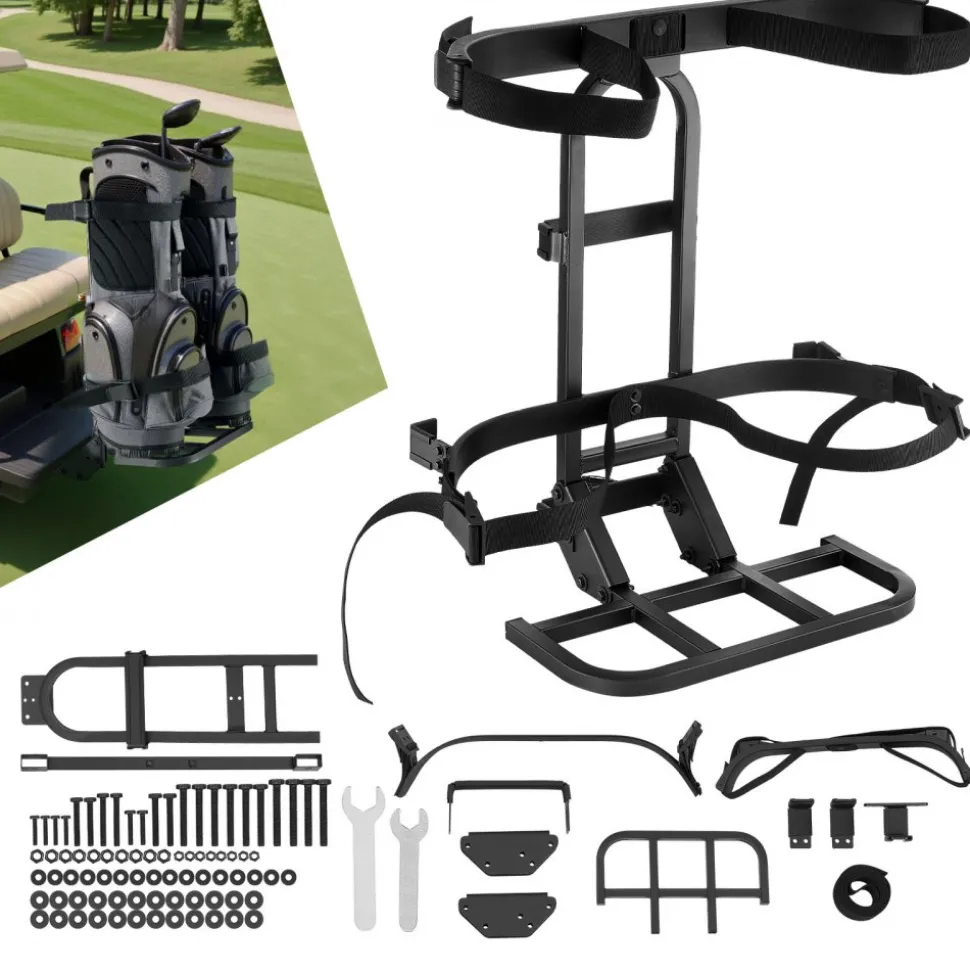 VEVOR Golf Cart Rear Seat Bag Holder, 27.1 x 15.6 x 29.7 inch, Compatible with Most Golf Carts with Rear Seat Grab Bar, Space-Saving Carbon Steel Bag Holder Bracket, No-Drilling Installation, Black