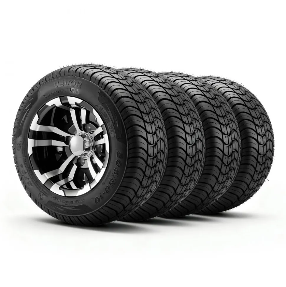 VEVOR Golf Cart Wheels, 10" 205/50-10 Black Aluminum Alloy Golf Cart Tires and Wheels Combo (Set of 4) Fit Club Car, EZGO, Yamaha, 4 Ply Rubber 4-Lug Lawn Mower Tires & Rims, 675 lbs Load, All-Terrain