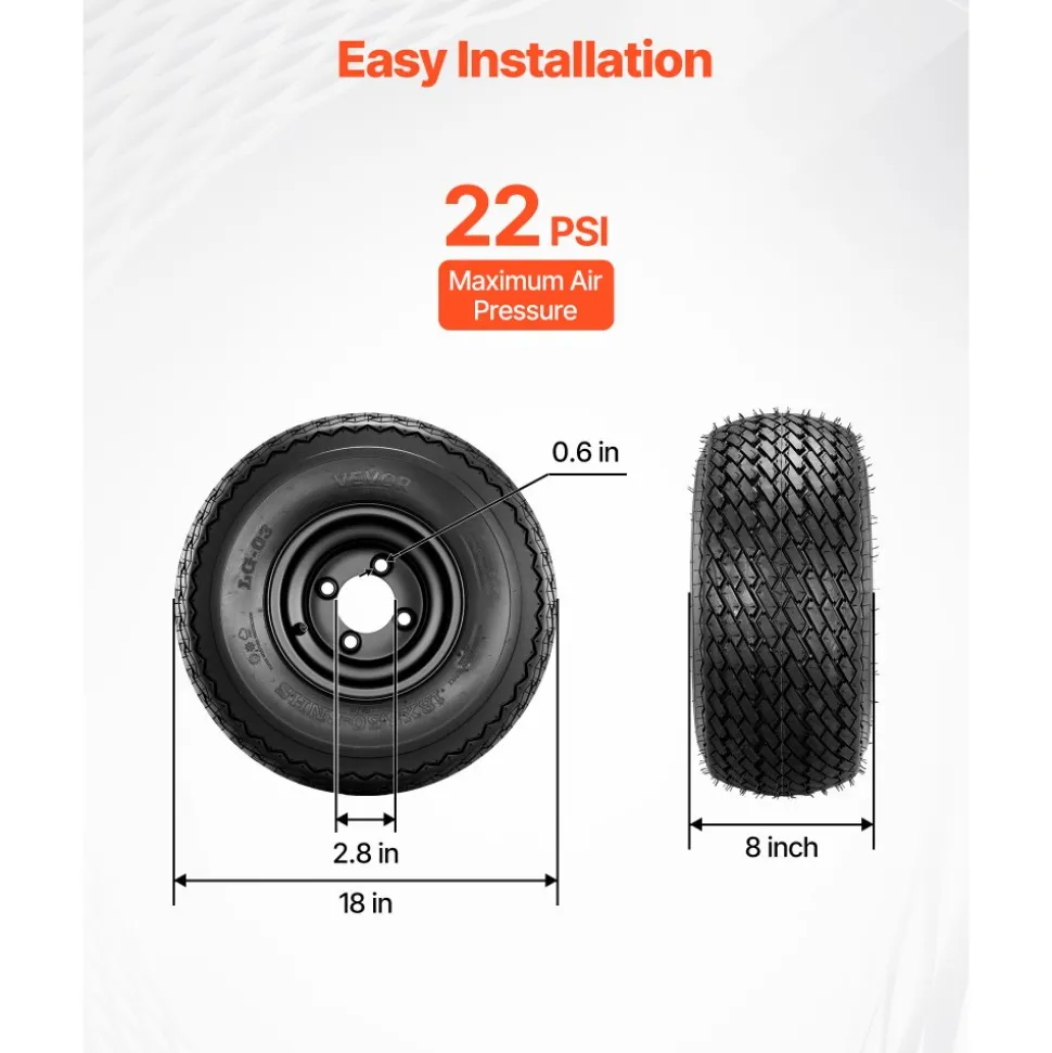 VEVOR Golf Cart Wheels, 8" 18x8.50-8 Black Steel Golf Cart Tires and Wheels Combo (Set of 4) Fit Club Car, EZGO, Yamaha, 4 Ply Rubber 4-Lug Lawn Mower Tires & Rims Assembly, 800 lbs Load, All-Terrain