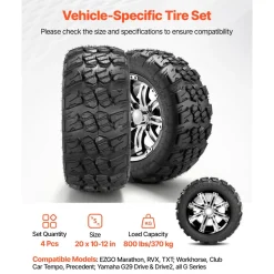 VEVOR Golf Cart Wheels, 12" 20x10-12 Black Aluminum Alloy Golf Cart Tires and Wheels Combo (Set of 4) Fit Club Car, EZGO, Yamaha, 4 Ply Rubber 4-Lug Lawn Mower Tires & Rims, 800 lbs Load, All-Terrain