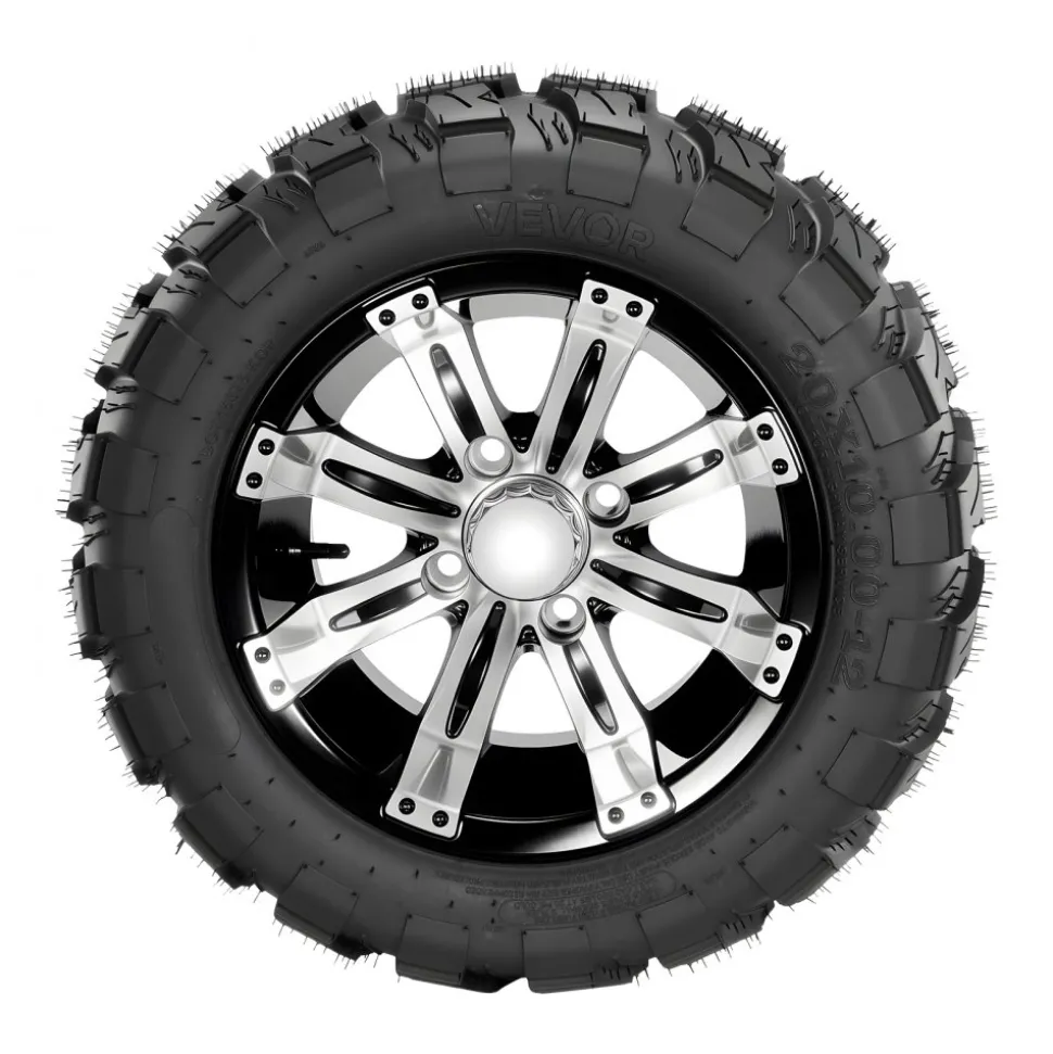 VEVOR Golf Cart Wheels, 12" 20x10-12 Black Aluminum Alloy Golf Cart Tires and Wheels Combo (Set of 4) Fit Club Car, EZGO, Yamaha, 4 Ply Rubber 4-Lug Lawn Mower Tires & Rims, 800 lbs Load, All-Terrain