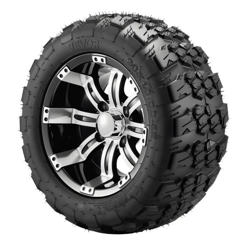 VEVOR Golf Cart Wheels, 12" 20x10-12 Black Aluminum Alloy Golf Cart Tires and Wheels Combo (Set of 4) Fit Club Car, EZGO, Yamaha, 4 Ply Rubber 4-Lug Lawn Mower Tires & Rims, 800 lbs Load, All-Terrain