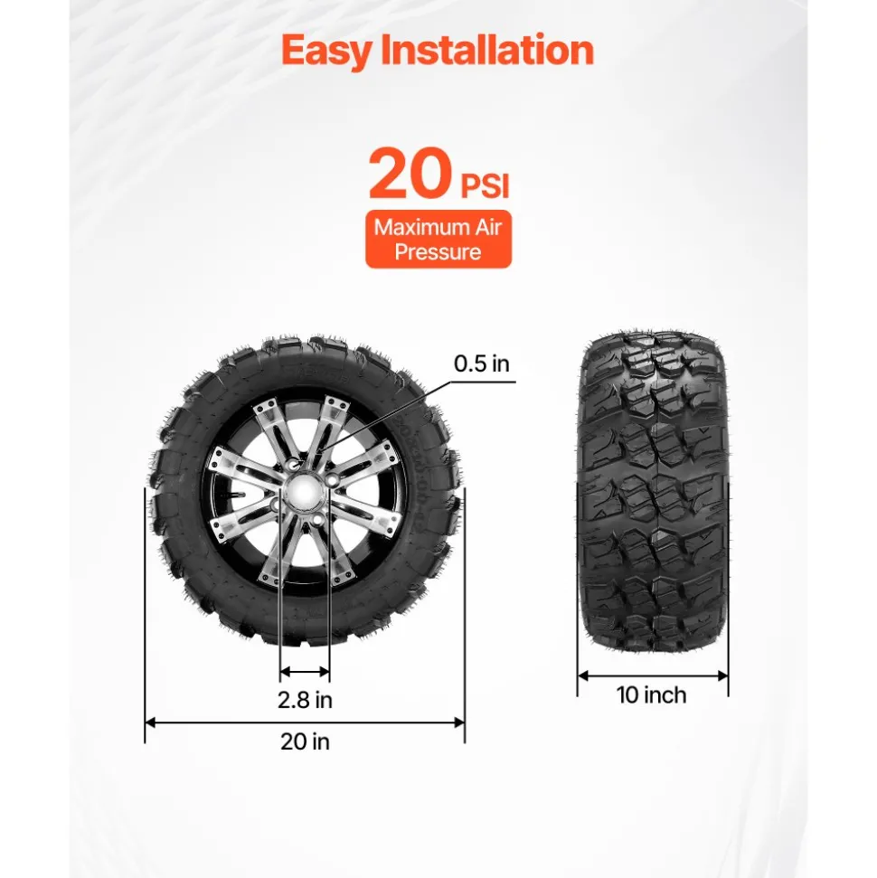VEVOR Golf Cart Wheels, 12" 20x10-12 Black Aluminum Alloy Golf Cart Tires and Wheels Combo (Set of 4) Fit Club Car, EZGO, Yamaha, 4 Ply Rubber 4-Lug Lawn Mower Tires & Rims, 800 lbs Load, All-Terrain
