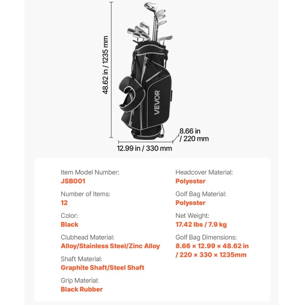 VEVOR Golf Club Set, 12 Pieces Men's Complete Golf Club Set Right Handed with 460CC #1 Driver, #3 & 5 Fairway Wood, #4 Hybrid, #5/#6/#7/#8/#9/#PW/#SW Irons, L-Shaped Putter, Golf Stand Bag, Black