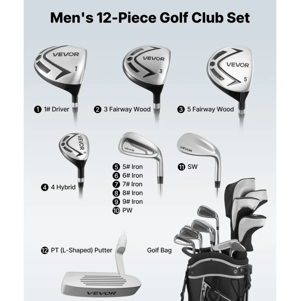 VEVOR Golf Club Set, 12 Pieces Men's Complete Golf Club Set Right Handed with 460CC #1 Driver, #3 & 5 Fairway Wood, #4 Hybrid, #5/#6/#7/#8/#9/#PW/#SW Irons, L-Shaped Putter, Golf Stand Bag, Black
