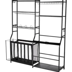 VEVOR Golf Storage Garage Organizer, 2 Golf Bag Storage Stand Holder and Other Sports Equipment Storage Rack, Outdoor Steel Ball Cart, Sports Gear and Toys Storage Shelves with Baskets & Hooks, Black