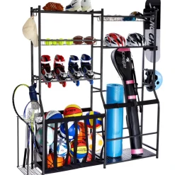 VEVOR Golf Storage Garage Organizer, 2 Golf Bag Storage Stand Holder and Other Sports Equipment Storage Rack, Outdoor Steel Ball Cart, Sports Gear and Toys Storage Shelves with Baskets & Hooks, Black