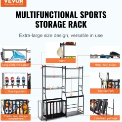 VEVOR Golf Storage Garage Organizer, 2 Golf Bag Storage Stand Holder and Other Sports Equipment Storage Rack, Outdoor Steel Ball Cart, Sports Gear and Toys Storage Shelves with Baskets & Hooks, Black
