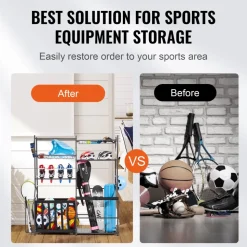 VEVOR Golf Storage Garage Organizer, 2 Golf Bag Storage Stand Holder and Other Sports Equipment Storage Rack, Outdoor Steel Ball Cart, Sports Gear and Toys Storage Shelves with Baskets & Hooks, Black