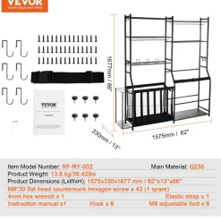VEVOR Golf Storage Garage Organizer, 2 Golf Bag Storage Stand Holder and Other Sports Equipment Storage Rack, Outdoor Steel Ball Cart, Sports Gear and Toys Storage Shelves with Baskets & Hooks, Black