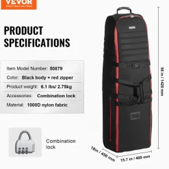 VEVOR Golf Travel Bag, Outdoors Soft-Sided Golf Travel Cover Case, Heavy Duty 1000D Nylon Wear-Resistant, Padded Golf Luggage Case Cover with Wheels, Foldable Golf Club Storage Bag for Airlines