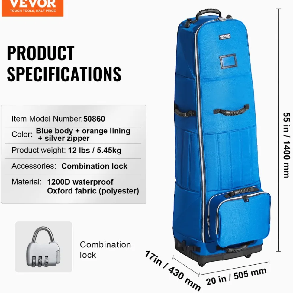 VEVOR Golf Travel Bag, Outdoors Soft-Sided Golf Travel Cover, Heavy Duty 1200D Polyester Oxford Wear-Resistant Waterproof, Padded Luggage Case with Wheels, Foldable Golf Club Storage Bag for Airline