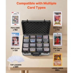 VEVOR Graded Card Case 3 Row 150 PSA Slab Storage Box with Secure Lock, Baseball Sports Trading Cards Holder Collector with 12 Dividers, Key, Holds 100 SGC 80 BGS 500 Top Loaders & 999+ Loose Cards