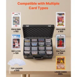 VEVOR Graded Card Case 4 Row 152 PSA Slab Storage Box TSA Approved Lock, Baseball Sports Trading Cards Holder Collector, with 12 Dividers, Holds 120 SGC 100 BGS 550 Top Loaders & 999+ Loose Cards