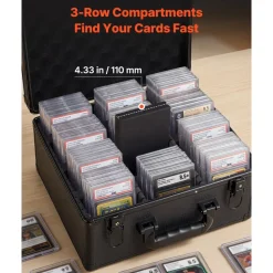 VEVOR Graded Card Case 3 Row 180 PSA Slab Storage Box with Secure Lock, Baseball Sports Trading Cards Holder Collector with 12 Dividers, Key, Holds 120 SGC 100 BGS 520 Top Loaders & 999+ Loose Cards