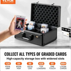 VEVOR Graded Card Storage Box, 4 Slots, Graded Sports Cards Holder Carrying Case with Coded Lock Foam Dividers, for 120 PSA Graded Cards 84 BGS Cards 96 SGC Cards 428 Top Loaders or 999+ Loose Cards