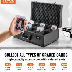 VEVOR Graded Card Storage Box, 5 Slots, Graded Sports Cards Holder Carrying Case with Coded Lock Foam Dividers, for 162 PSA Graded Cards 115 BGS Cards 130 SGC Cards 585 Top Loaders or 999+ Loose Cards